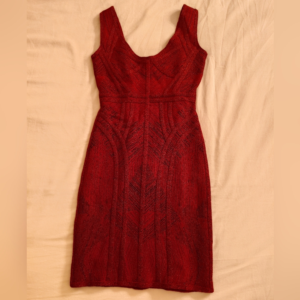 NWT Shimmery Wine Red HERVE LEGER Holiday Bodycon Icon Bandage Dress XS Sparkles - Picture 2 of 13